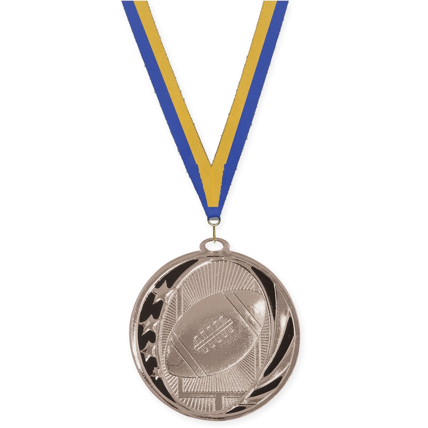 2 inch football MidNite Star medal in bright silver with Blue Gold neck ribbon