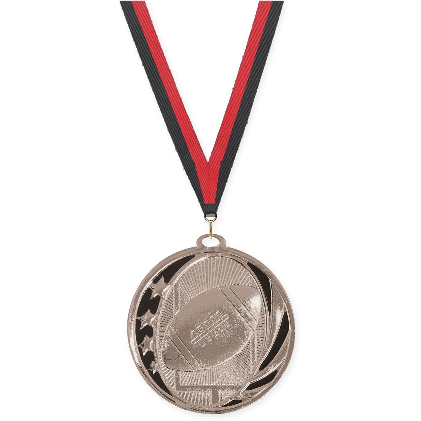 2 inch football MidNite Star medal in bright silver with Black Red neck ribbon