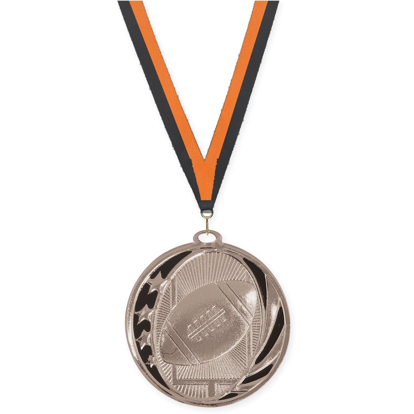 2 inch football MidNite Star medal in bright silver with Black Orange neck ribbon