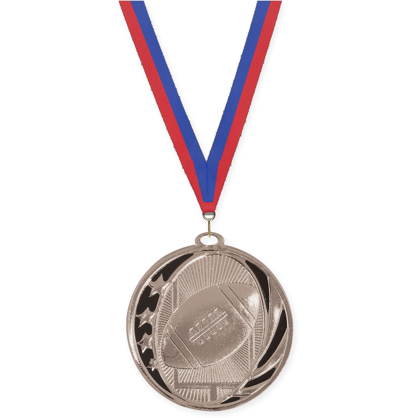 2 inch football MidNite Star medal in bright silver with Blue Red neck ribbon