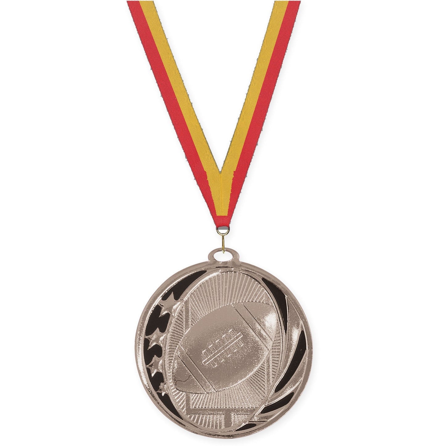 2 inch football MidNite Star medal in bright silver with Red Gold neck ribbon