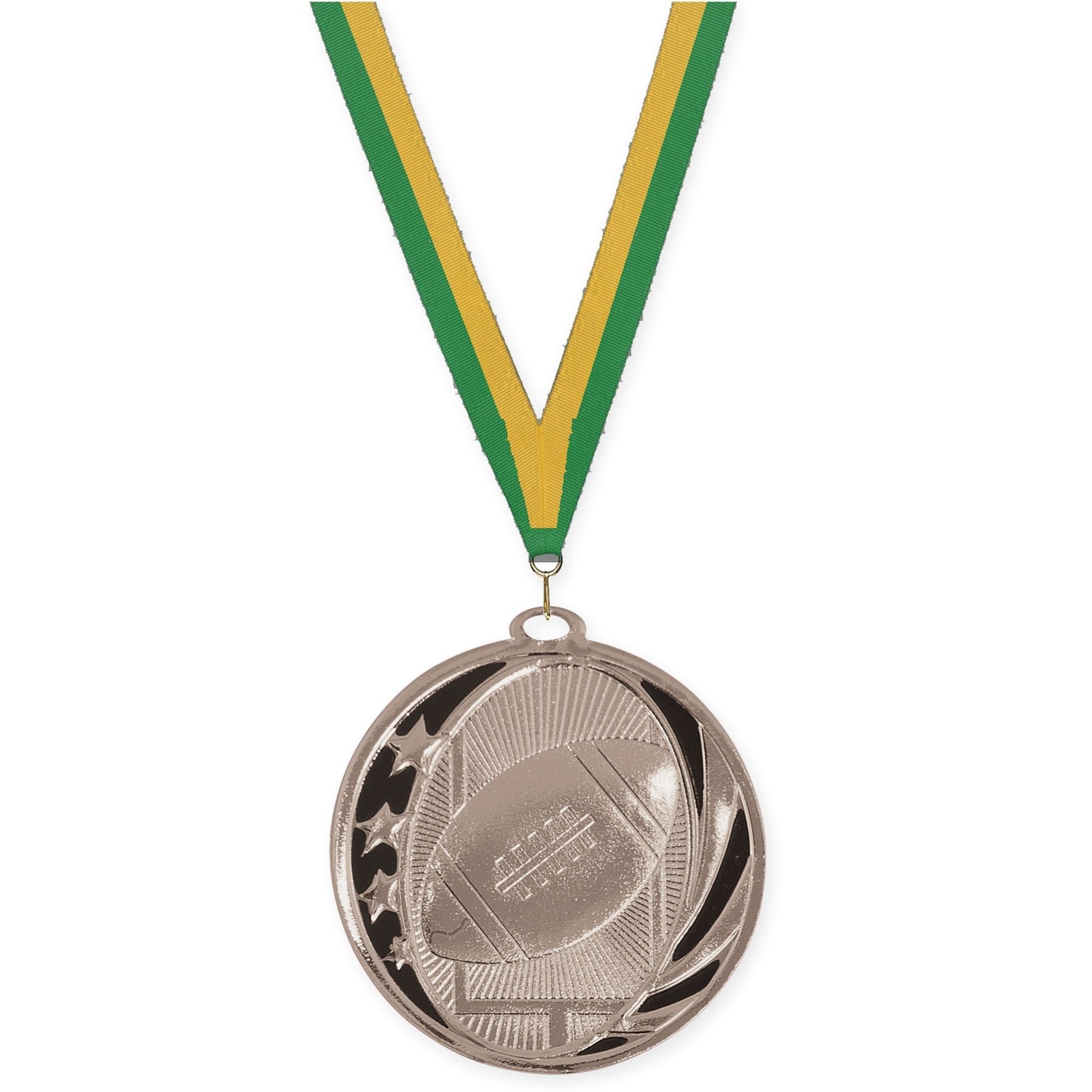2 inch football MidNite Star medal in bright silver with Green Gold neck ribbon