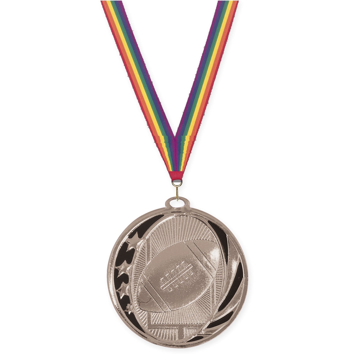 2 inch football MidNite Star medal in bright silver with Rainbow neck ribbon