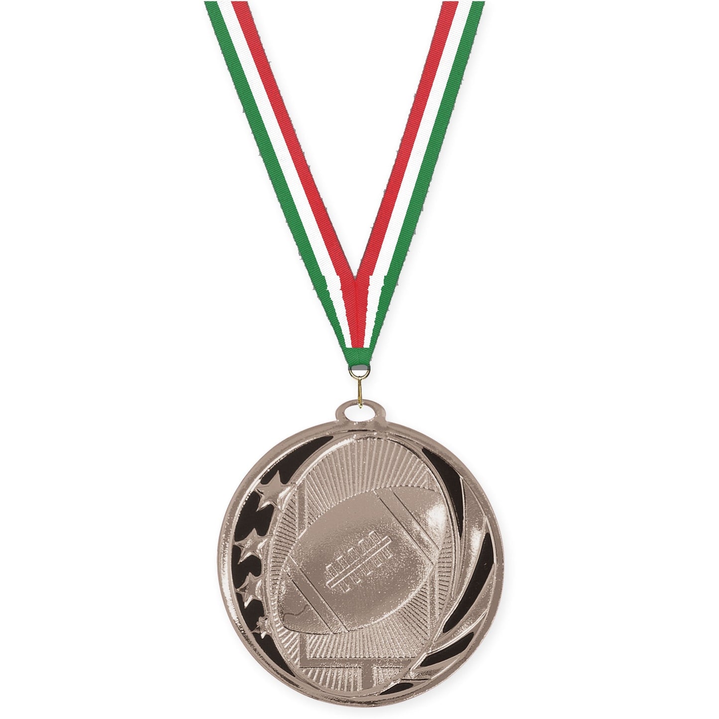 2 inch football MidNite Star medal in bright silver with Green White Red neck ribbon