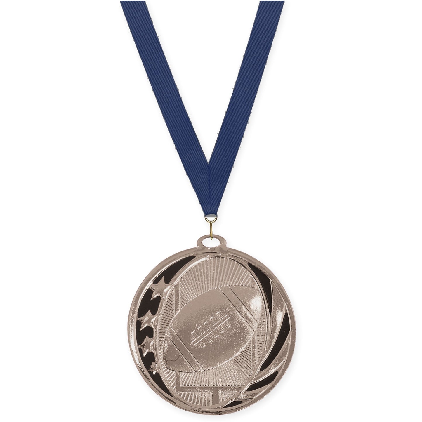 2 inch football MidNite Star medal in bright silver with Navy neck ribbon