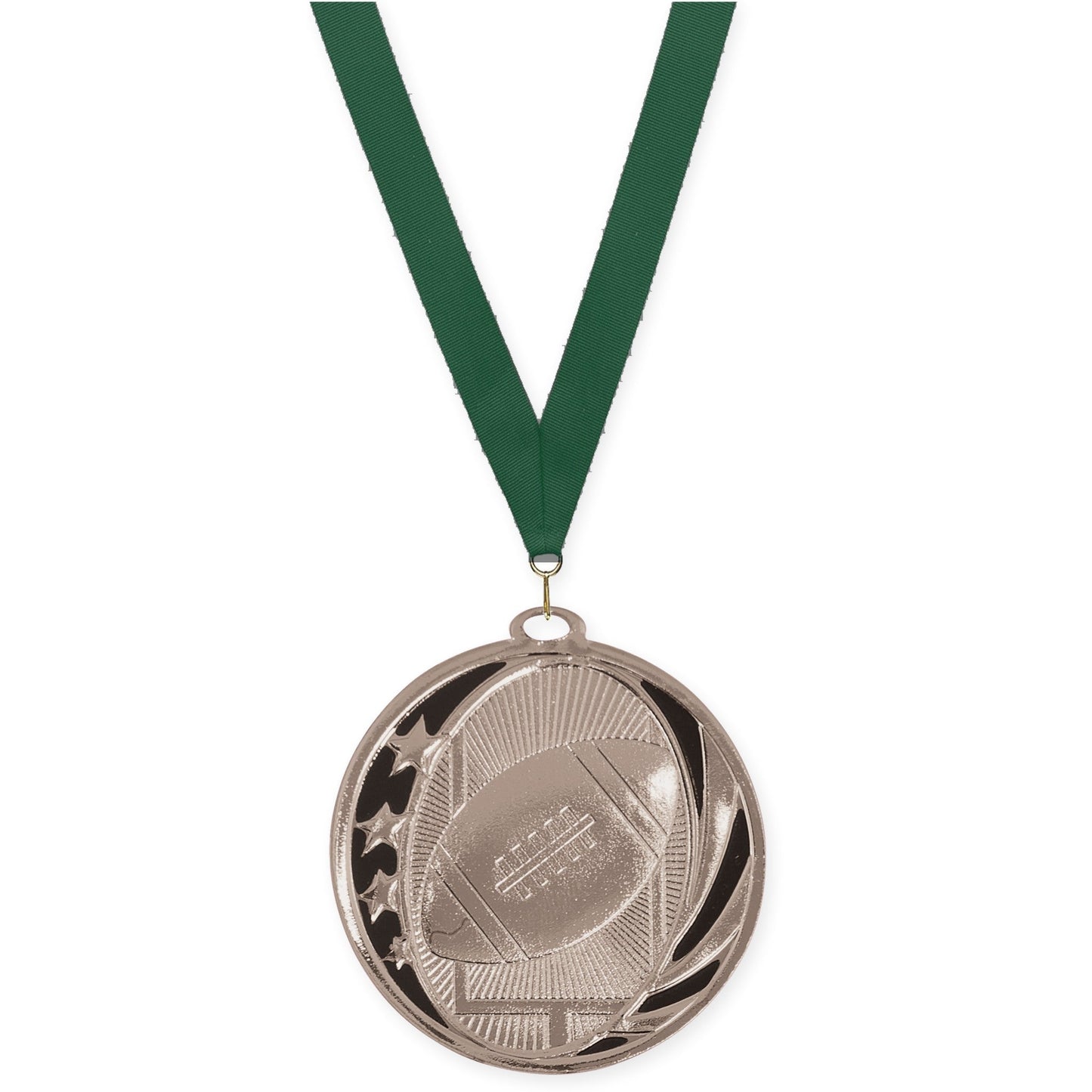 2 inch football MidNite Star medal in bright silver with Hunter Green neck ribbon