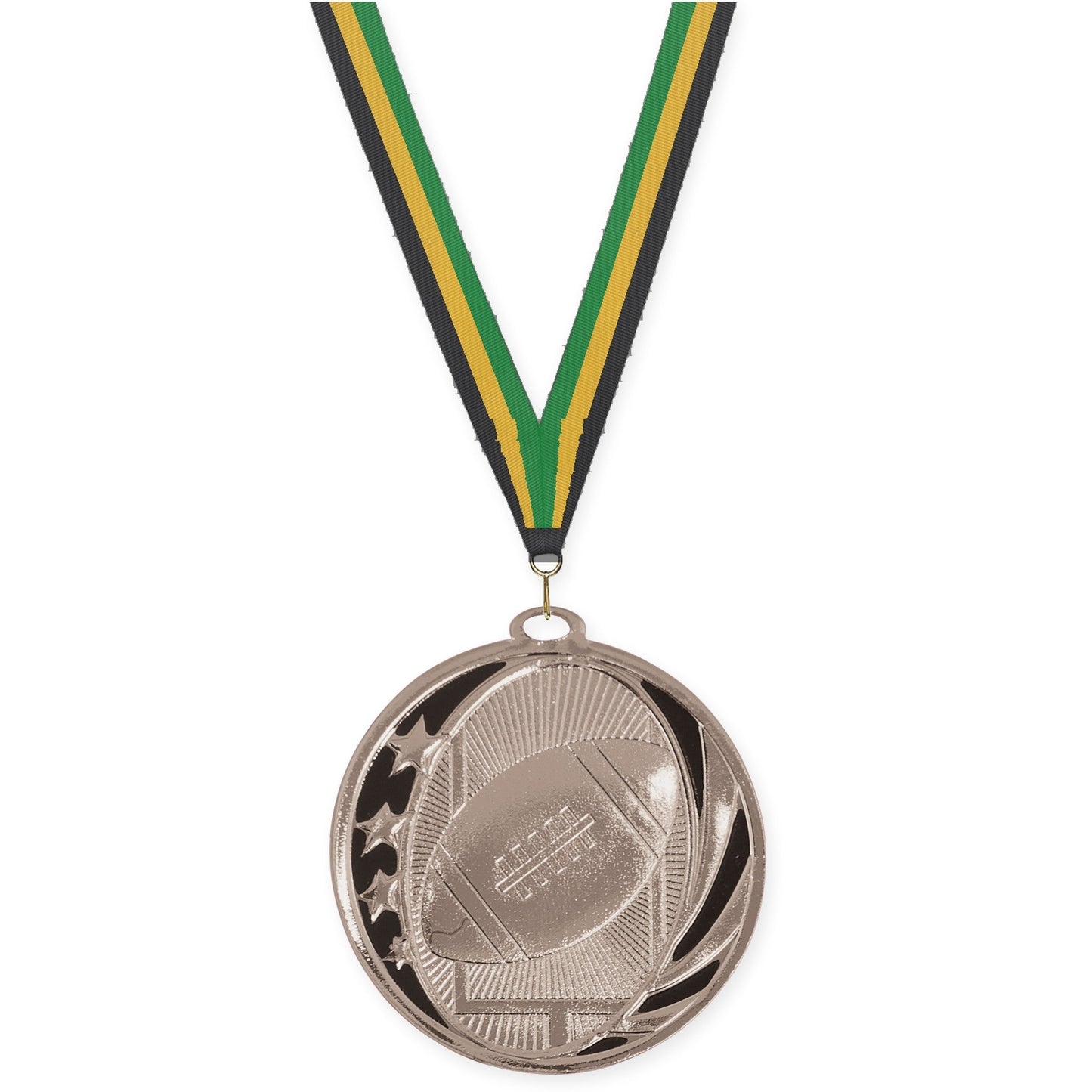 2 inch football MidNite Star medal in bright silver with Black Gold Green neck ribbon