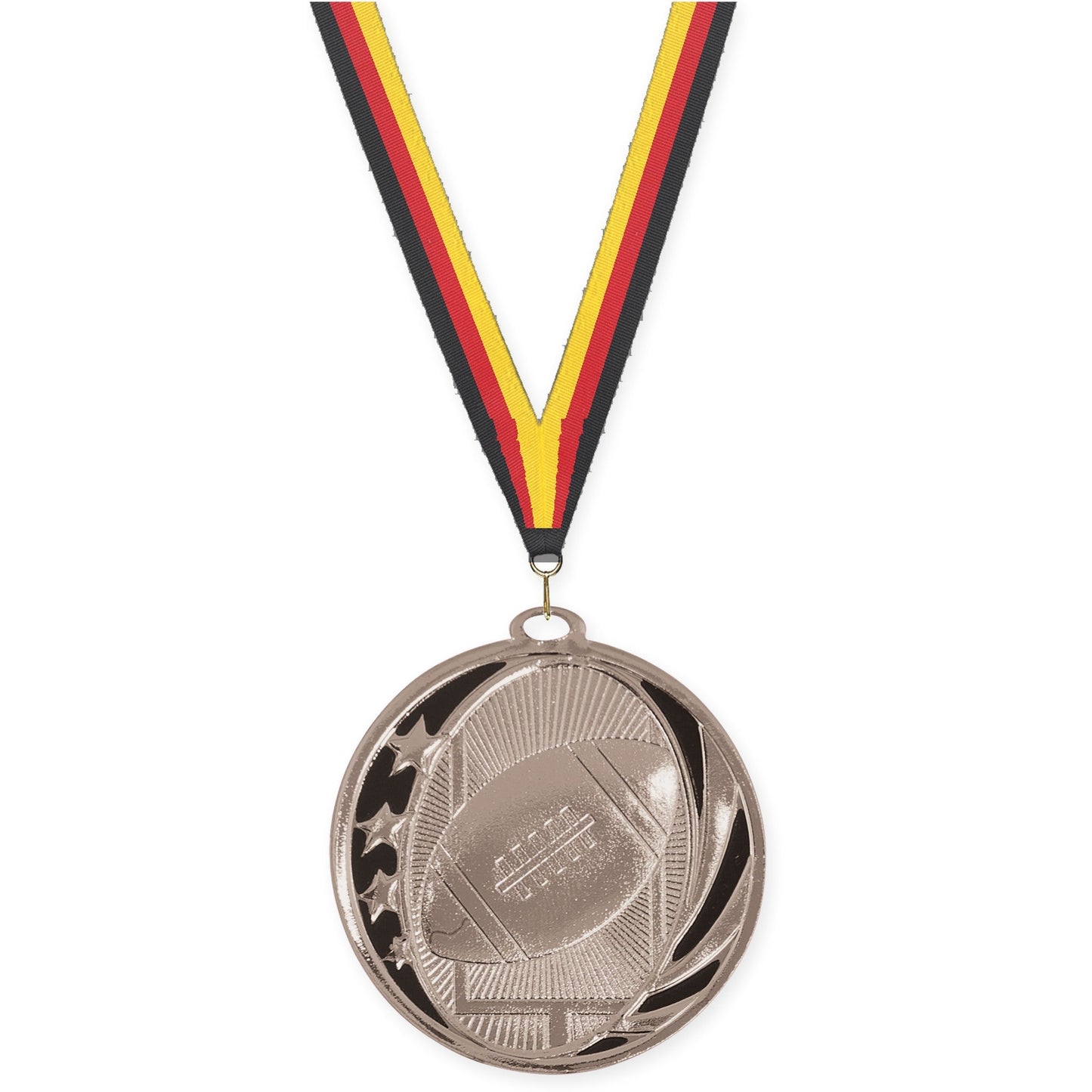 2 inch football MidNite Star medal in bright silver with Black Red Yellow neck ribbon