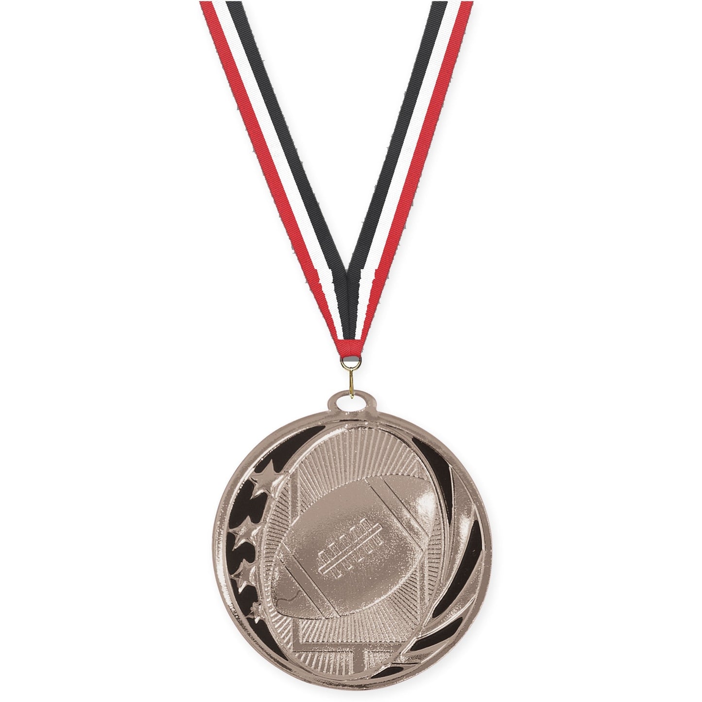 2 inch football MidNite Star medal in bright silver with Red White Black neck ribbon