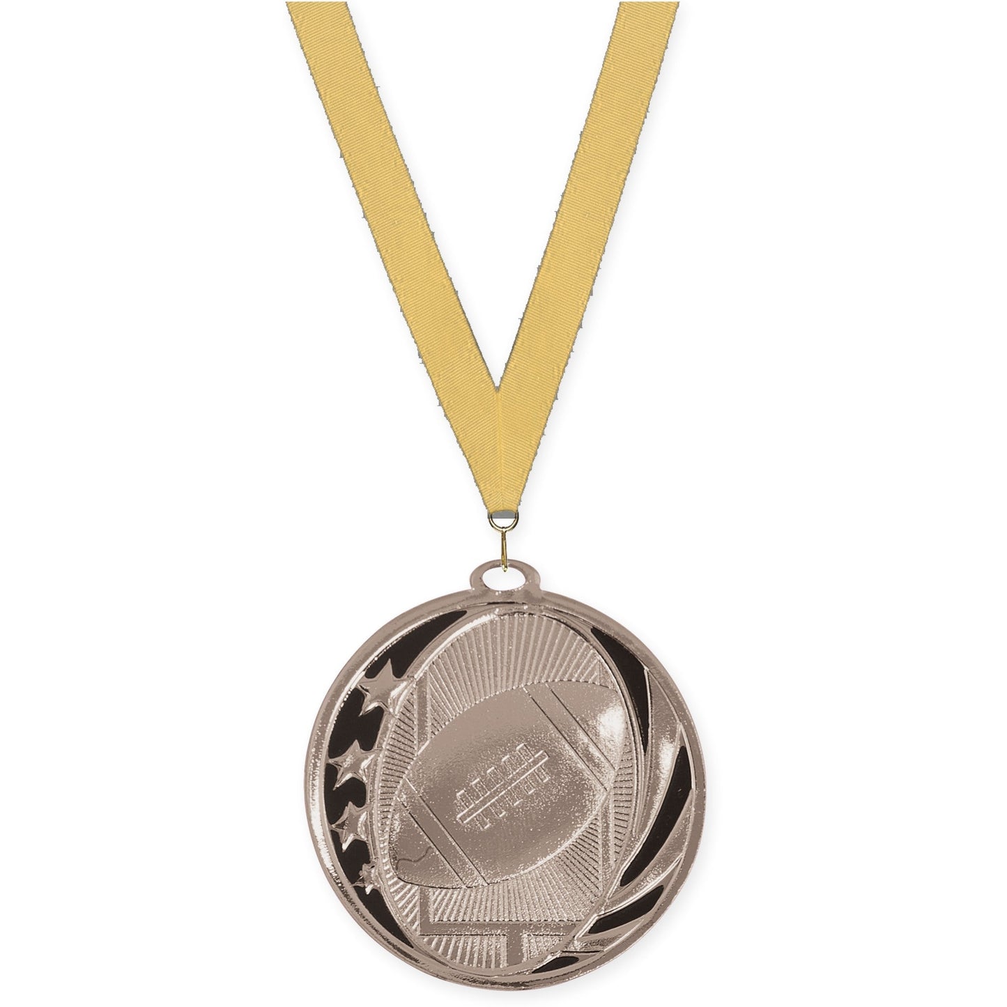 2 inch football MidNite Star medal in bright silver with Gold Metallic neck ribbon