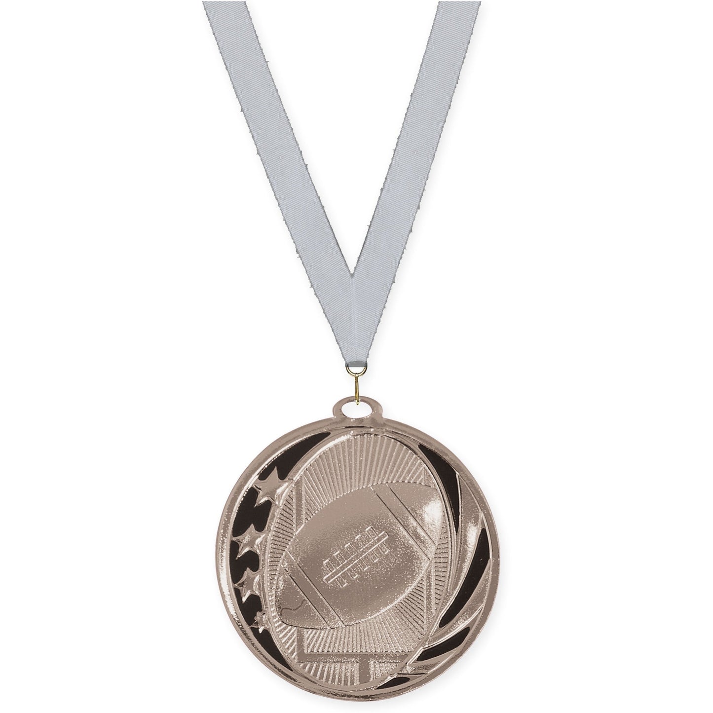 2 inch football MidNite Star medal in bright silver with Silver Metallic neck ribbon