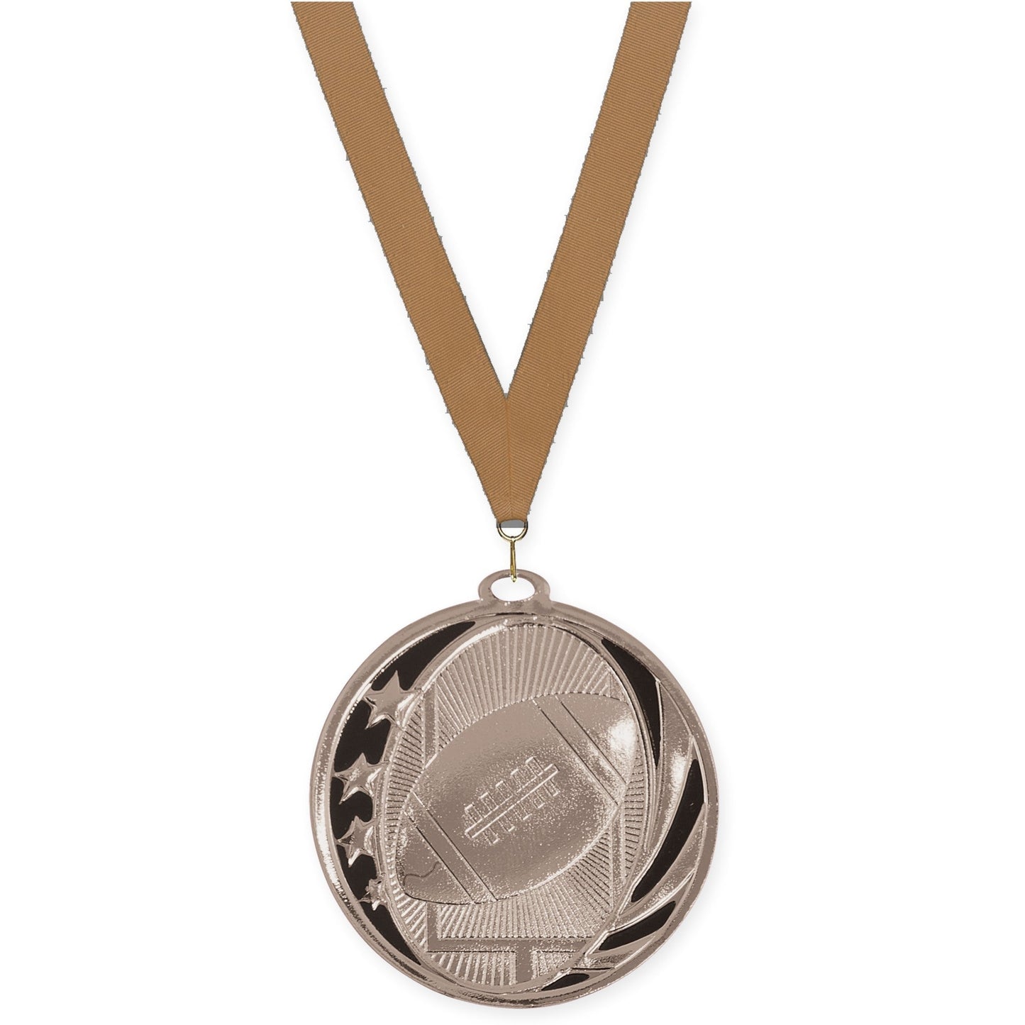 2 inch football MidNite Star medal in bright silver with Bronze Metallic neck ribbon