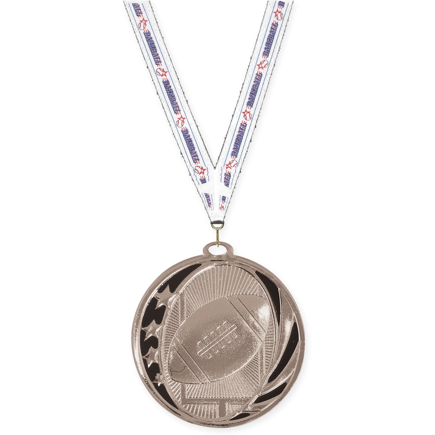2 inch football MidNite Star medal in bright silver with Baseball neck ribbon