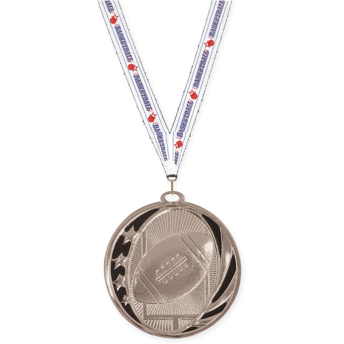 2 inch football MidNite Star medal in bright silver with Basketball neck ribbon