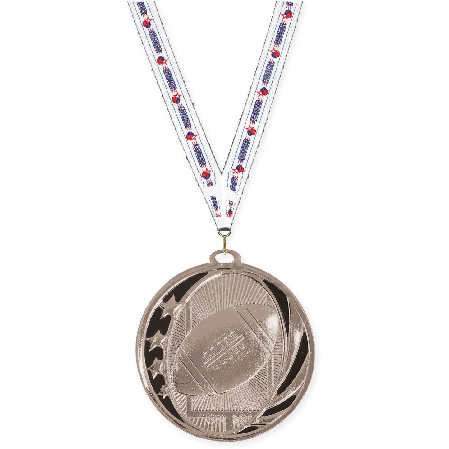 2 inch football MidNite Star medal in bright silver with Cheerleading neck ribbon