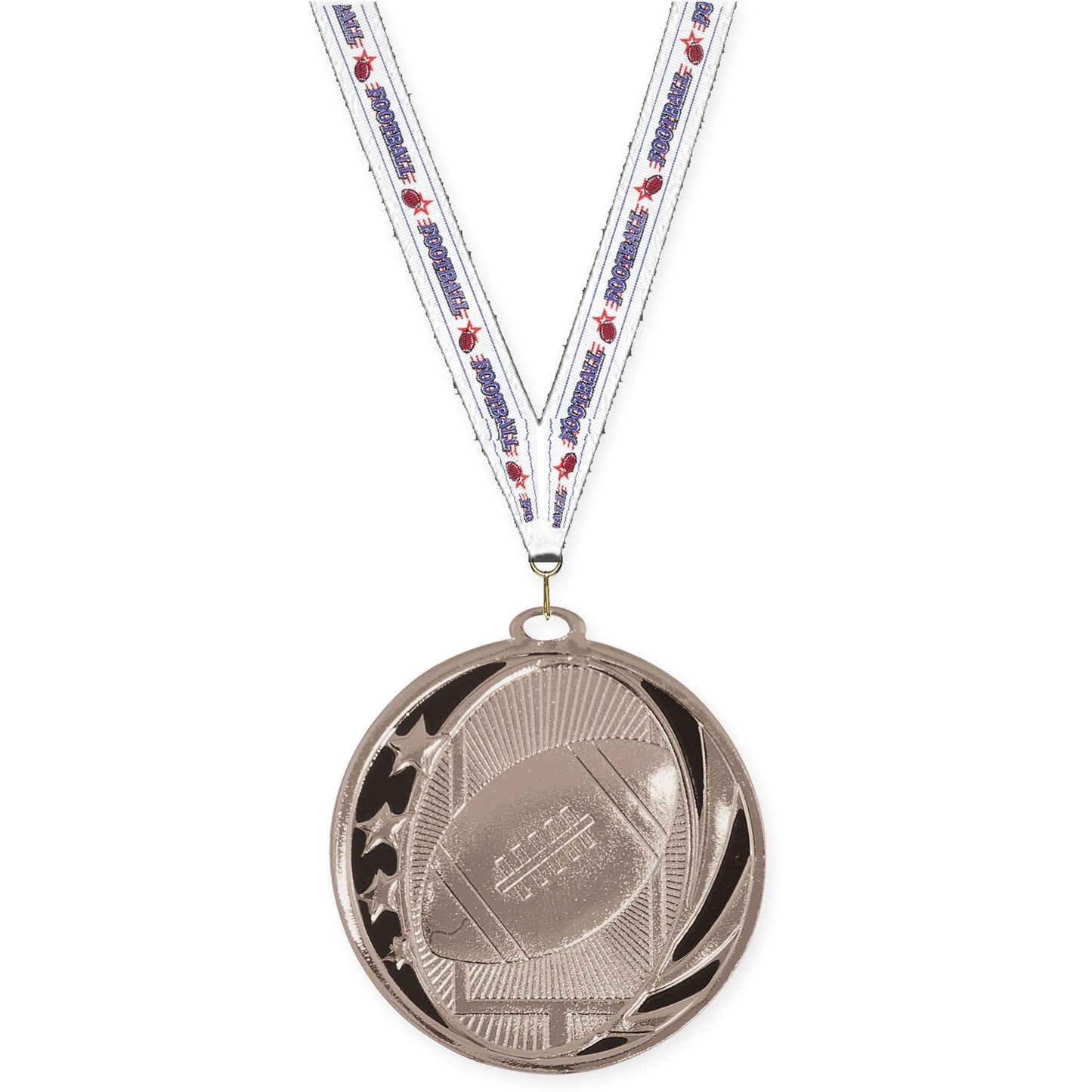 2 inch football MidNite Star medal in bright silver with Football neck ribbon