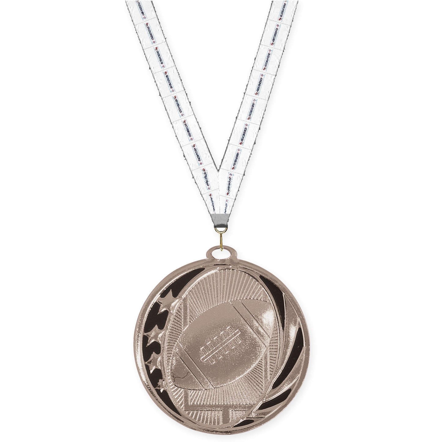 2 inch football MidNite Star medal in bright silver with Gymnastics neck ribbon