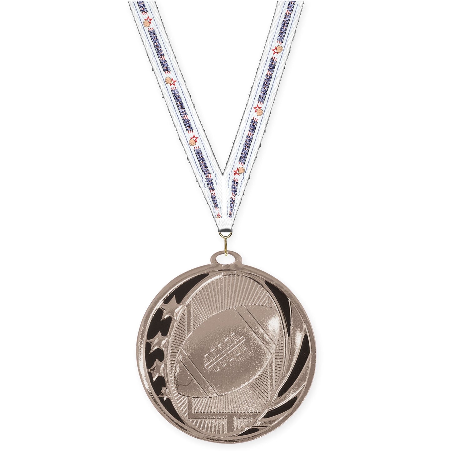 2 inch football MidNite Star medal in bright silver with Martial Arts neck ribbon