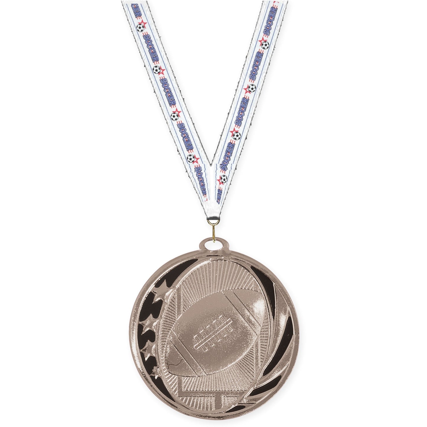 2 inch football MidNite Star medal in bright silver with Soccer neck ribbon