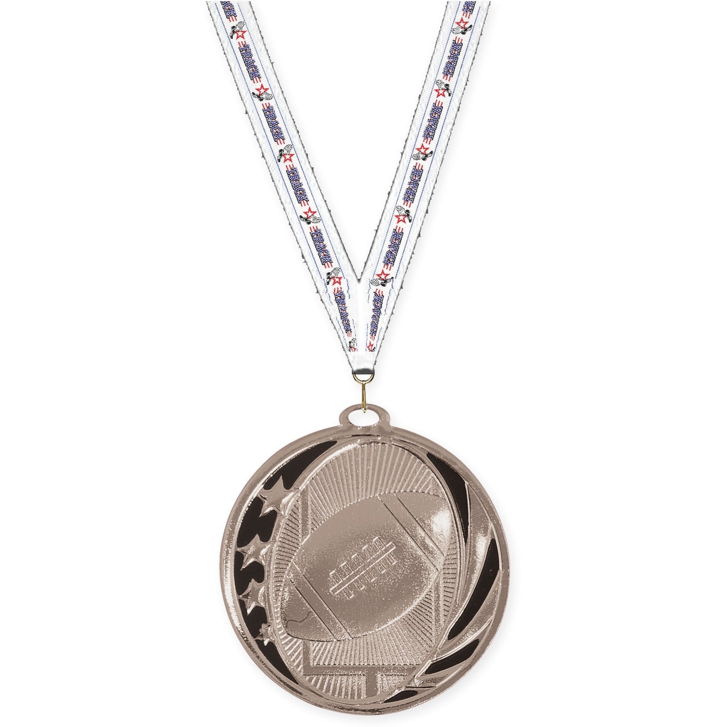 2 inch football MidNite Star medal in bright silver with Track neck ribbon