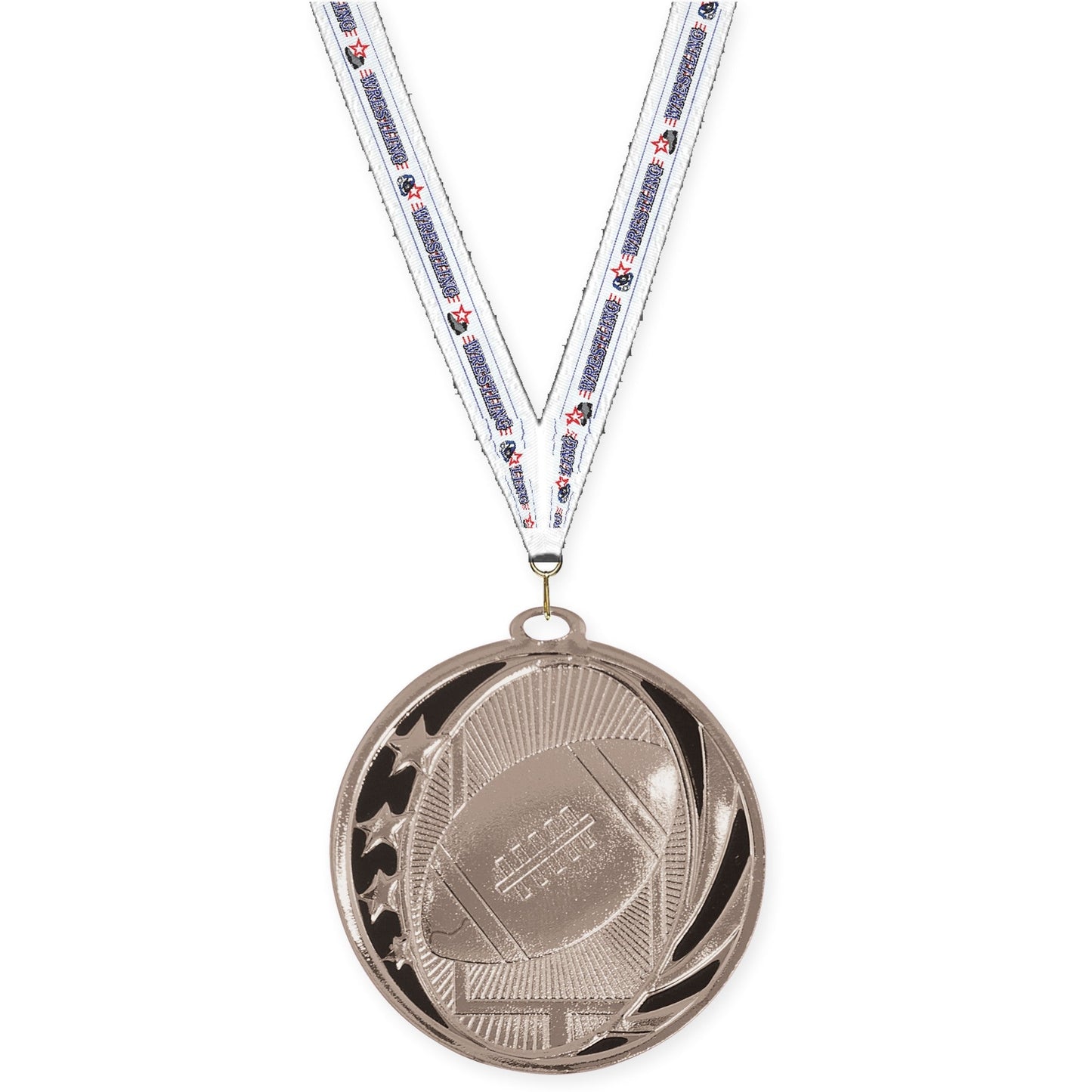 2 inch football MidNite Star medal in bright silver with Wrestling neck ribbon