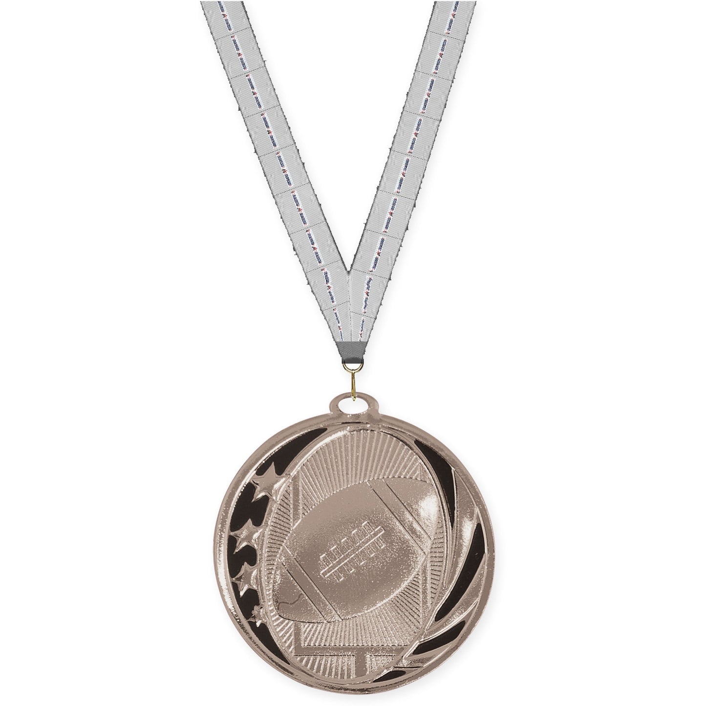 2 inch football MidNite Star medal in bright silver with Auto Racing neck ribbon