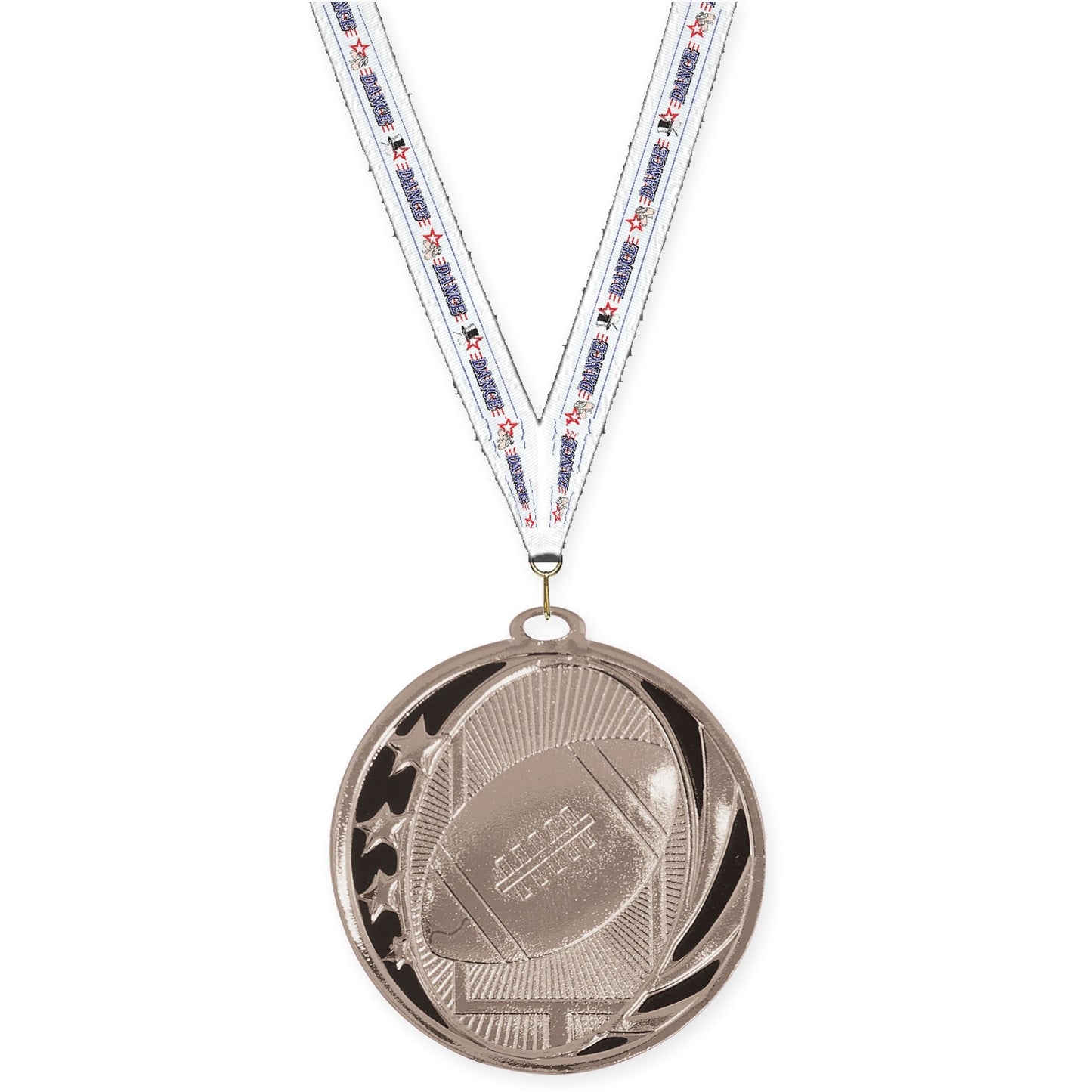 2 inch football MidNite Star medal in bright silver with Dance neck ribbon