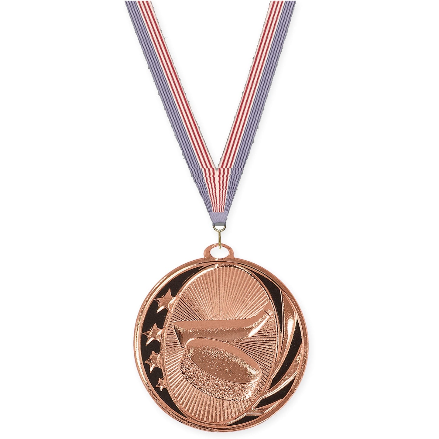 2 inch hockey MidNite Star medal in bright bronze with USA Flag neck ribbon