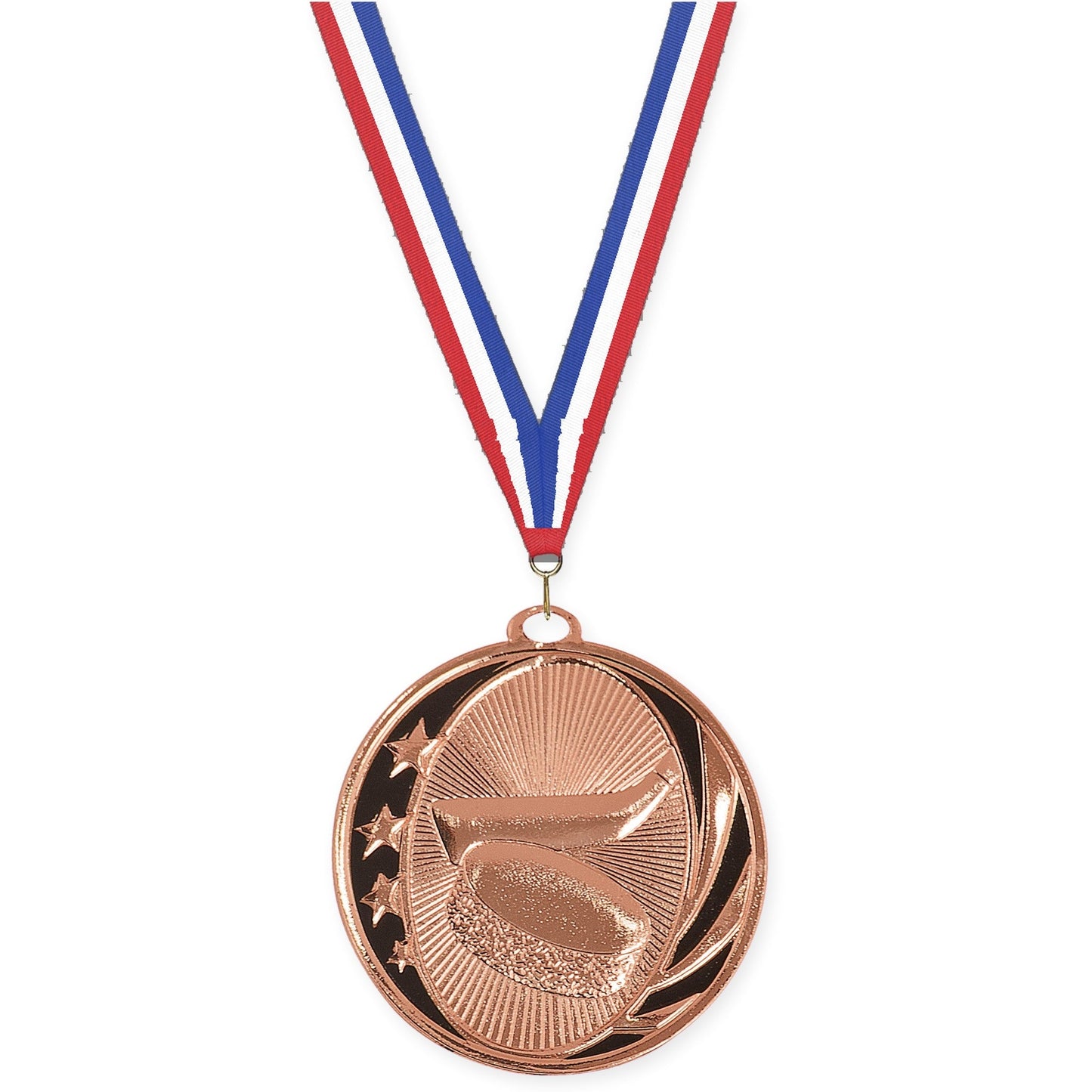 2 inch hockey MidNite Star medal in bright bronze with Red White Blue neck ribbon