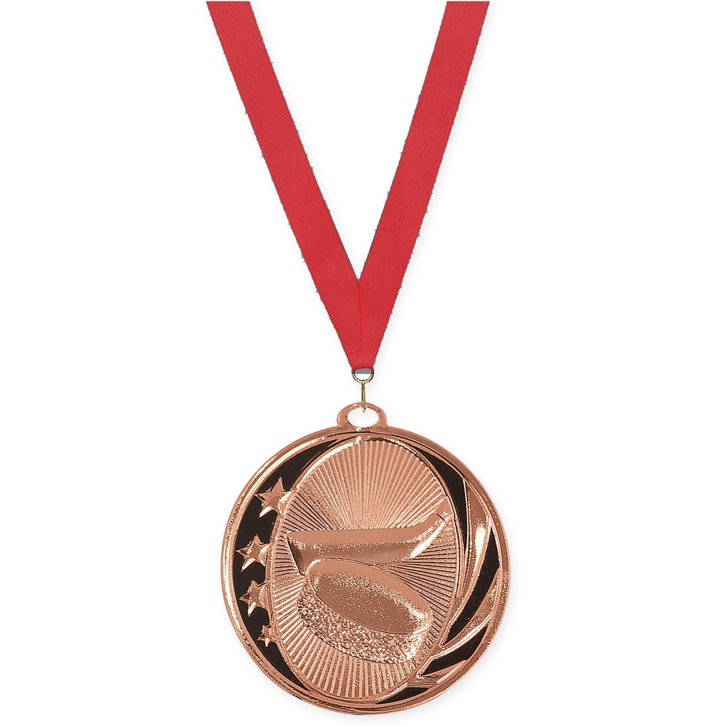 2 inch hockey MidNite Star medal in bright bronze with Red neck ribbon