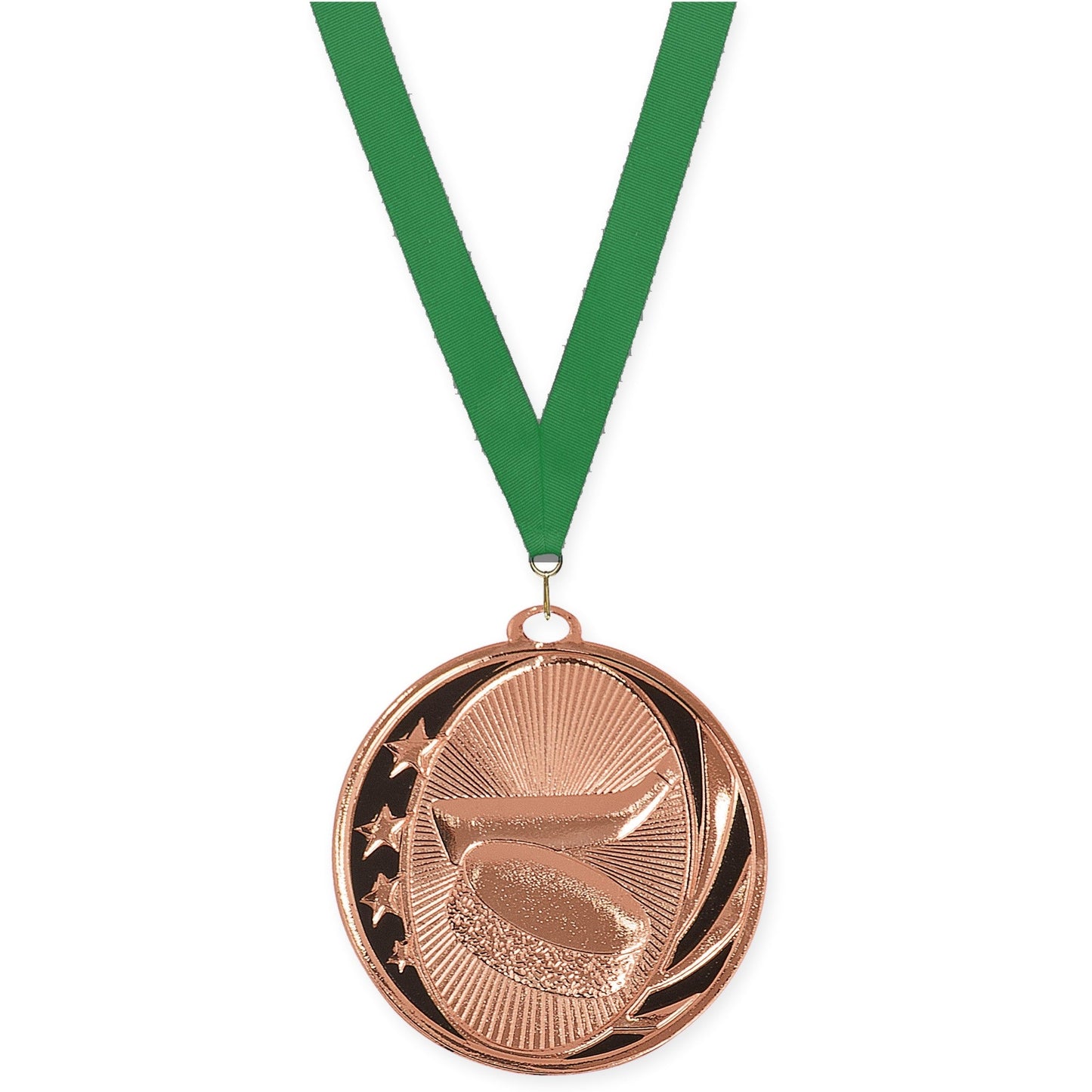2 inch hockey MidNite Star medal in bright bronze with Green neck ribbon