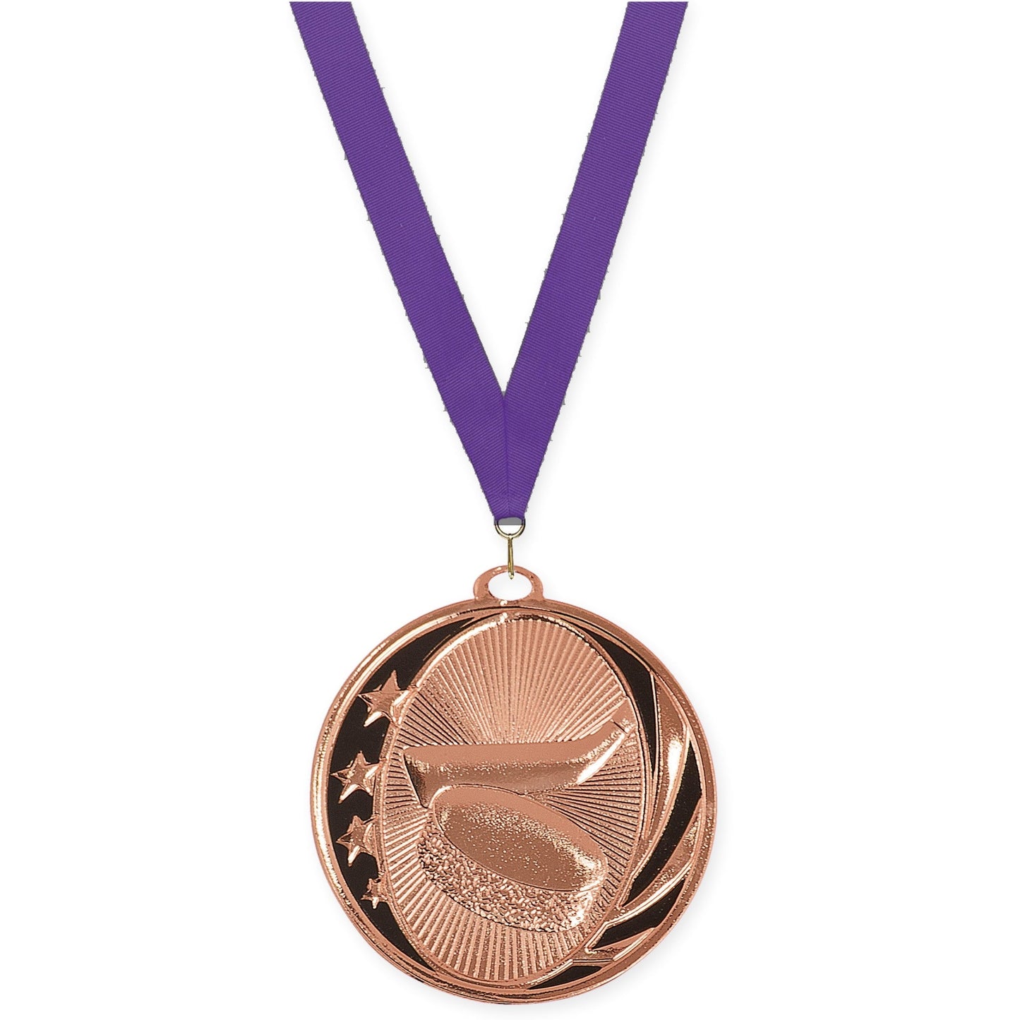2 inch hockey MidNite Star medal in bright bronze with Purple neck ribbon