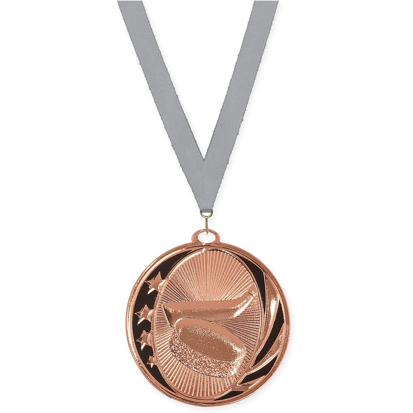 2 inch hockey MidNite Star medal in bright bronze with Gray neck ribbon