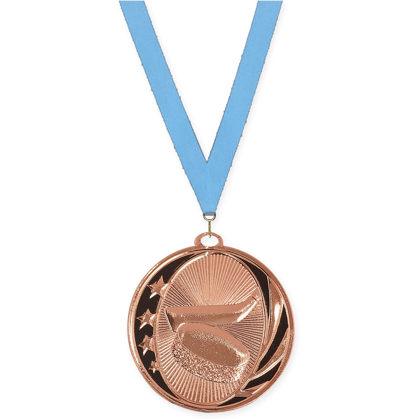 2 inch hockey MidNite Star medal in bright bronze with Light Blue neck ribbon