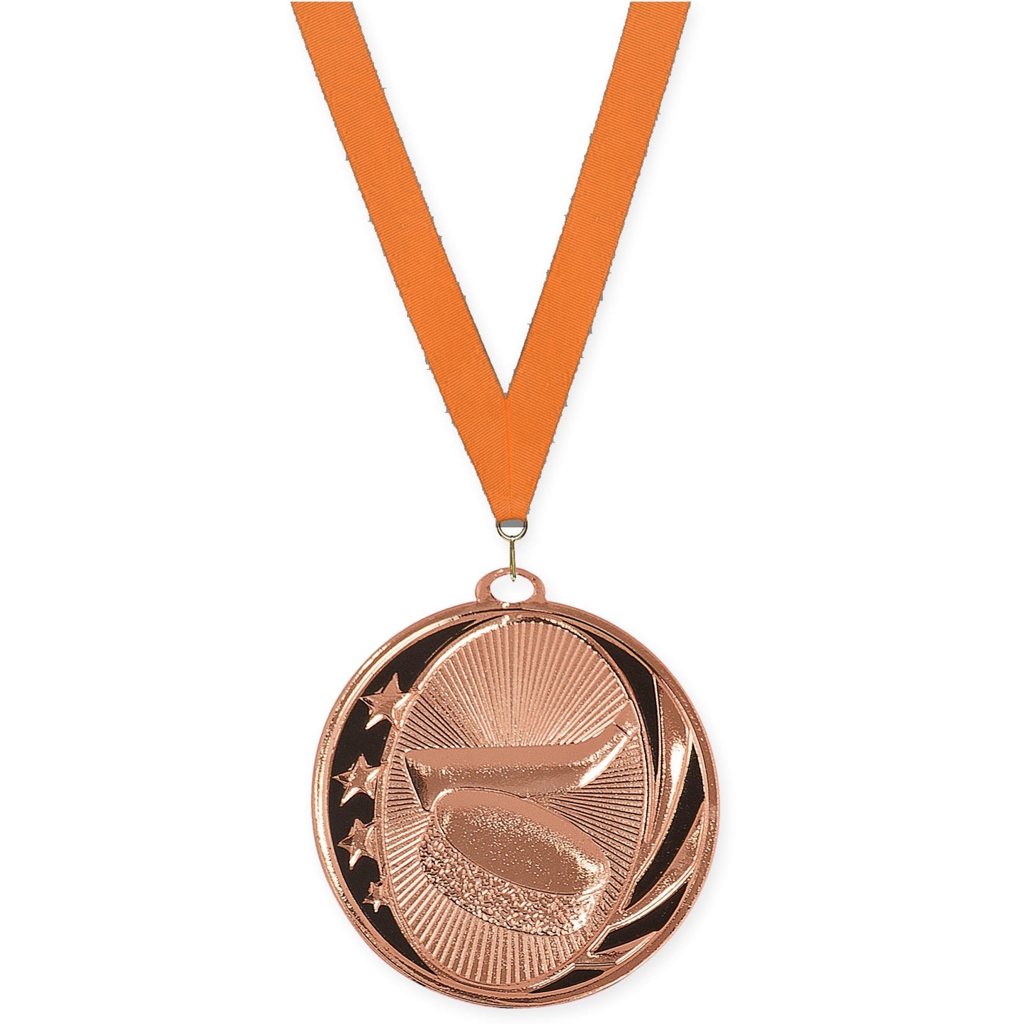 2 inch hockey MidNite Star medal in bright bronze with Orange neck ribbon