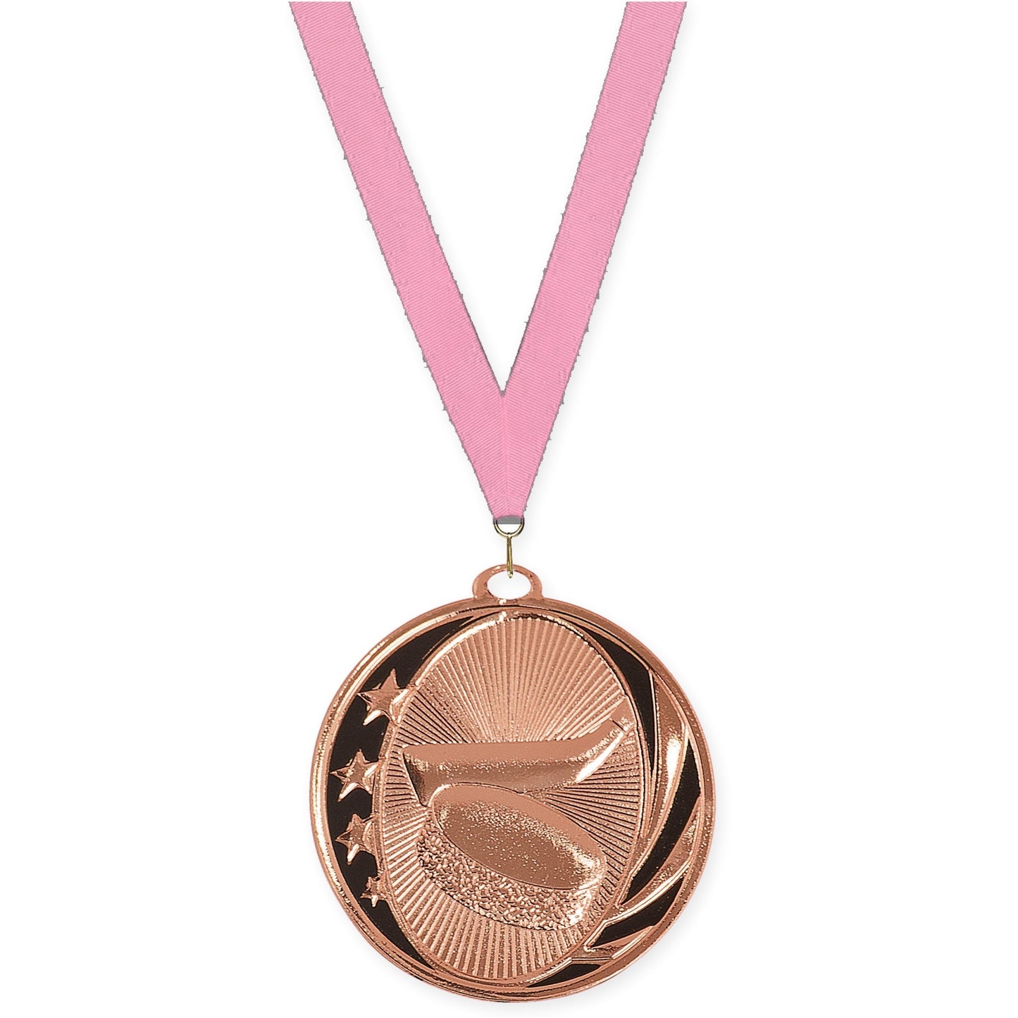 2 inch hockey MidNite Star medal in bright bronze with Pink neck ribbon