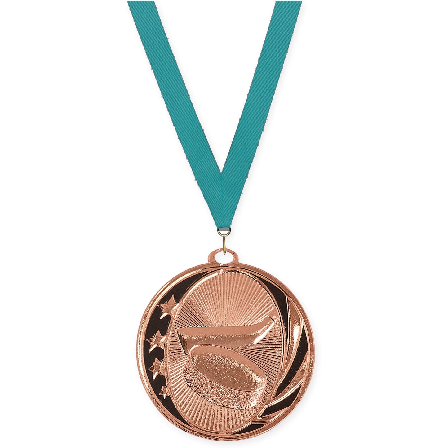 2 inch hockey MidNite Star medal in bright bronze with Teal neck ribbon