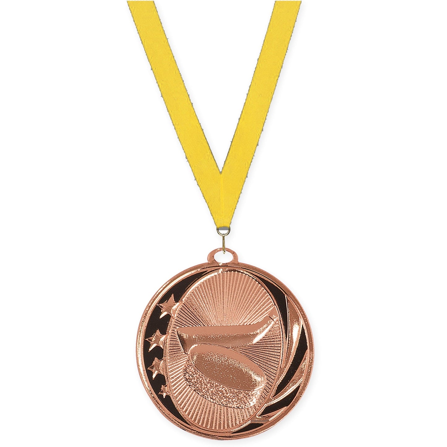 2 inch hockey MidNite Star medal in bright bronze with Yellow neck ribbon