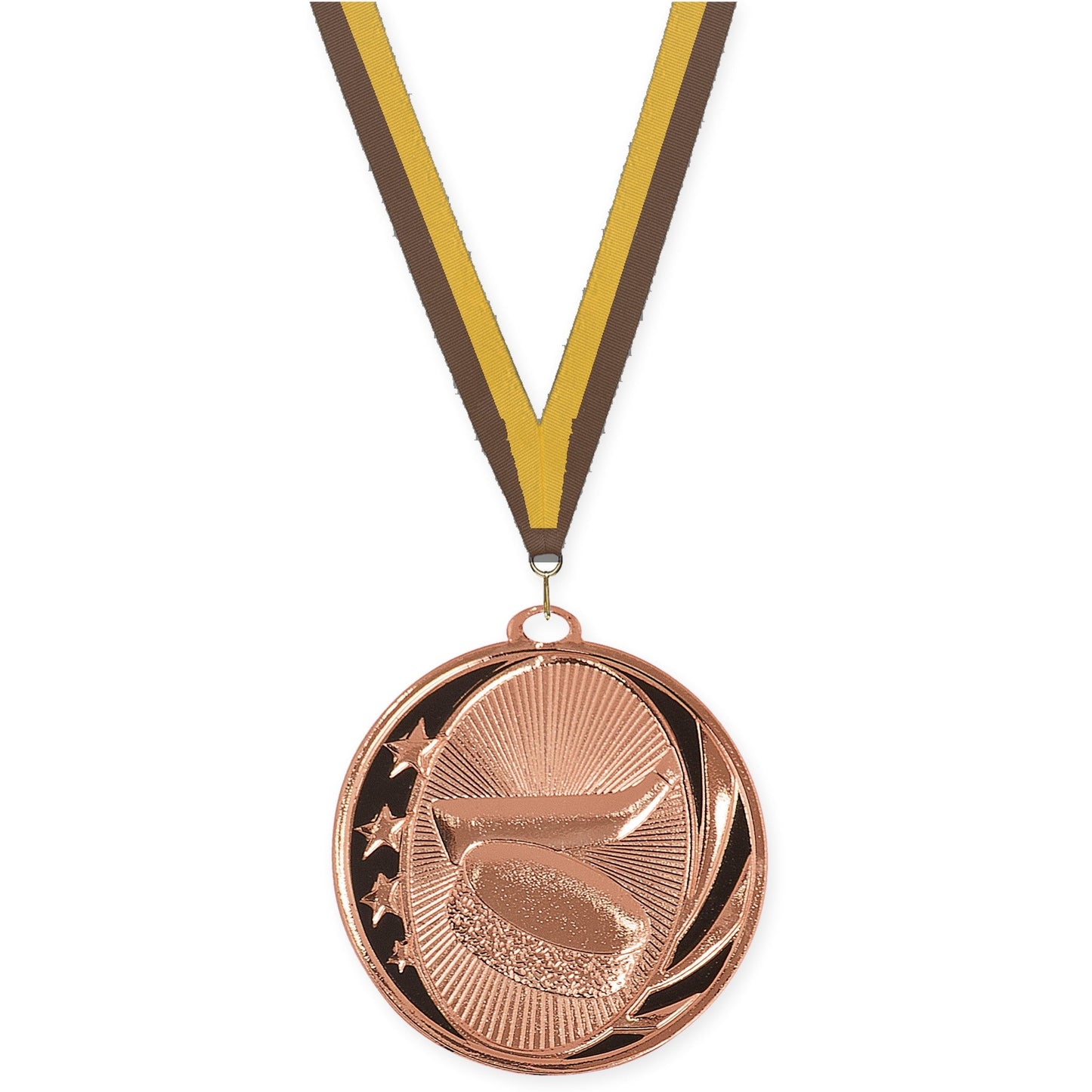 2 inch hockey MidNite Star medal in bright bronze with Brown Gold neck ribbon