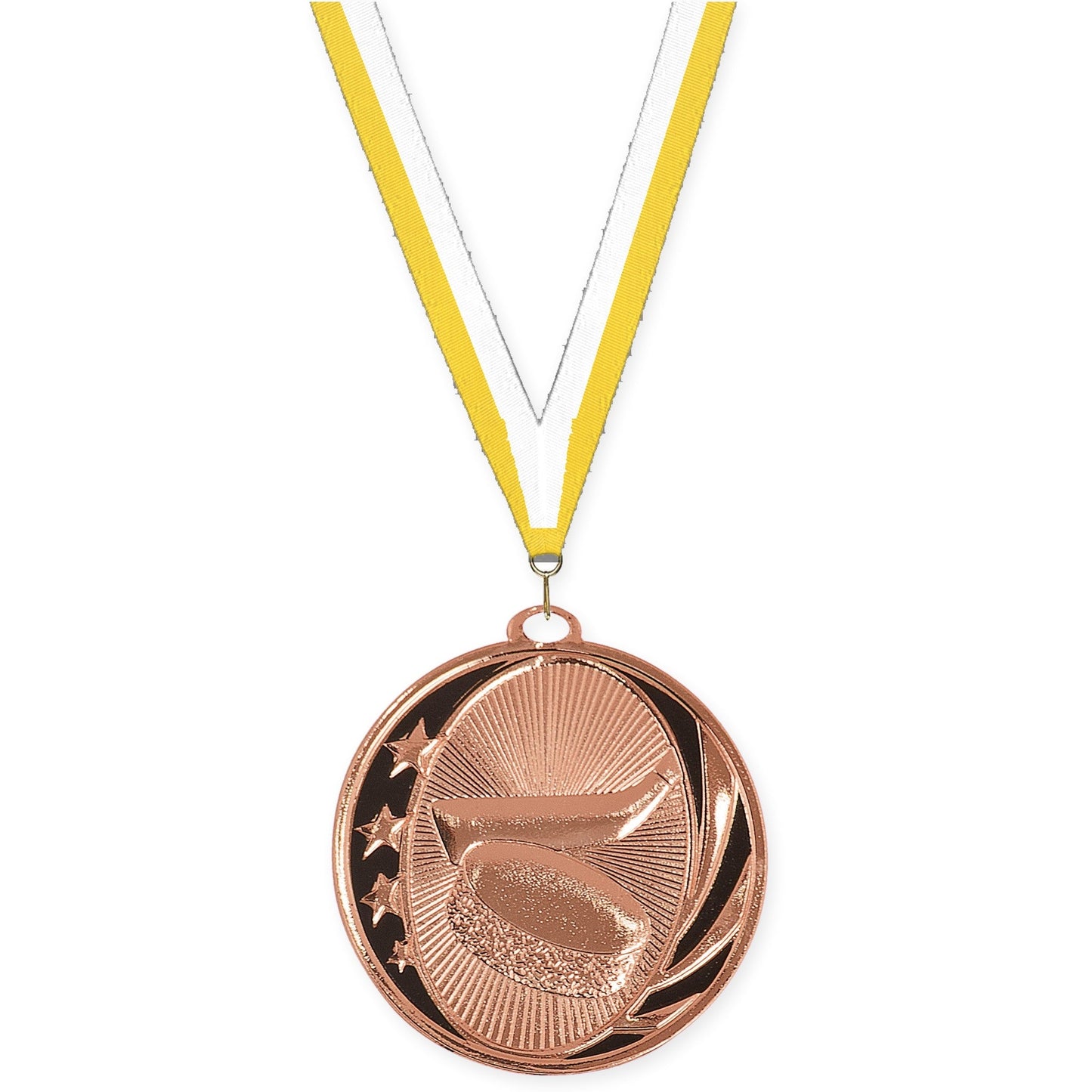 2 inch hockey MidNite Star medal in bright bronze with Yellow White neck ribbon