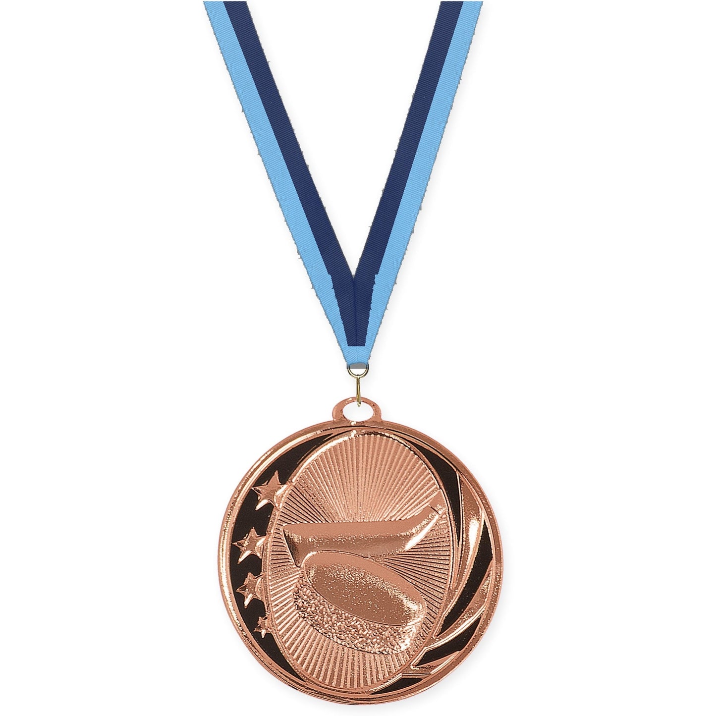 2 inch hockey MidNite Star medal in bright bronze with Light Blue Navy neck ribbon
