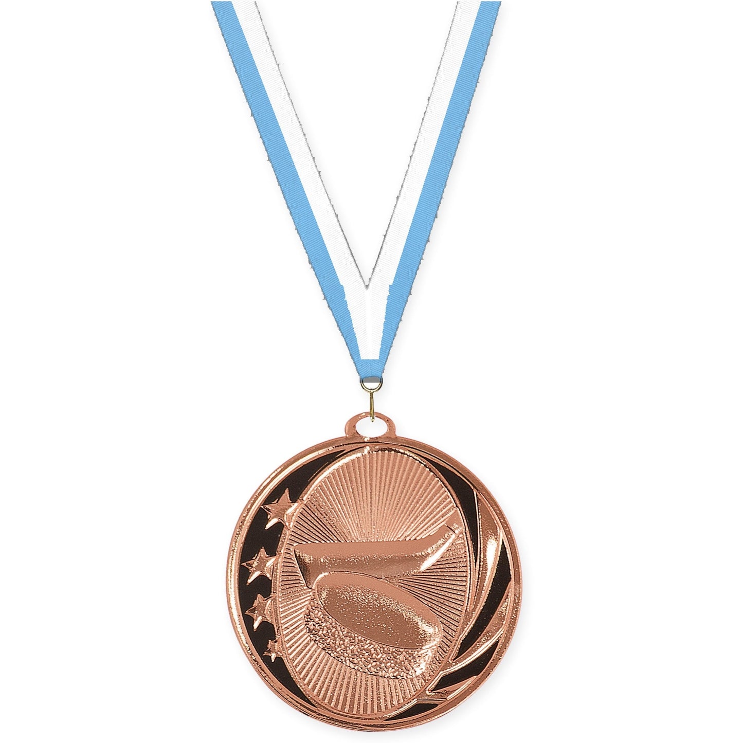 2 inch hockey MidNite Star medal in bright bronze with Light Blue White neck ribbon