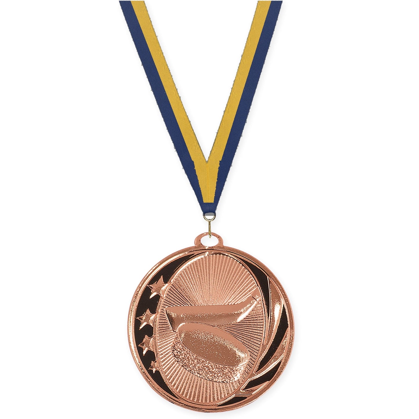 2 inch hockey MidNite Star medal in bright bronze with Navy Gold neck ribbon