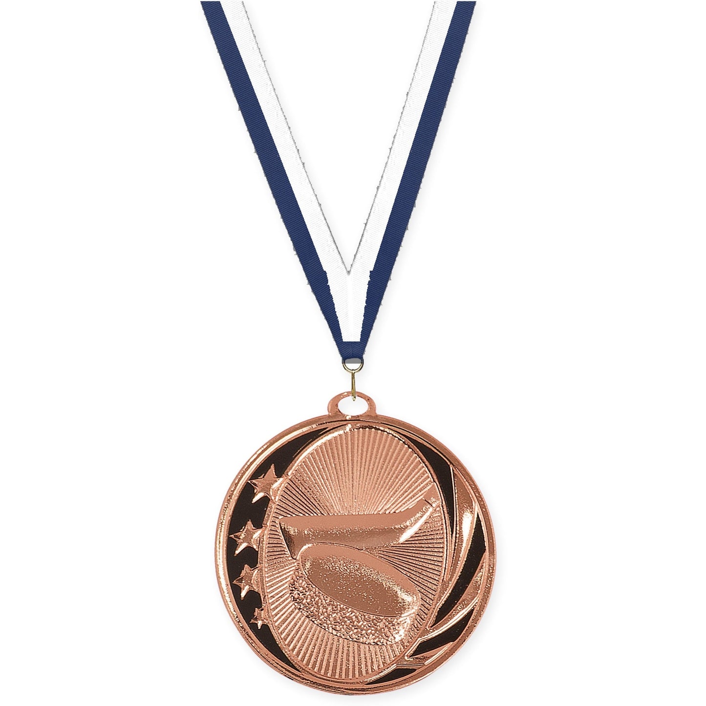 2 inch hockey MidNite Star medal in bright bronze with Navy White neck ribbon