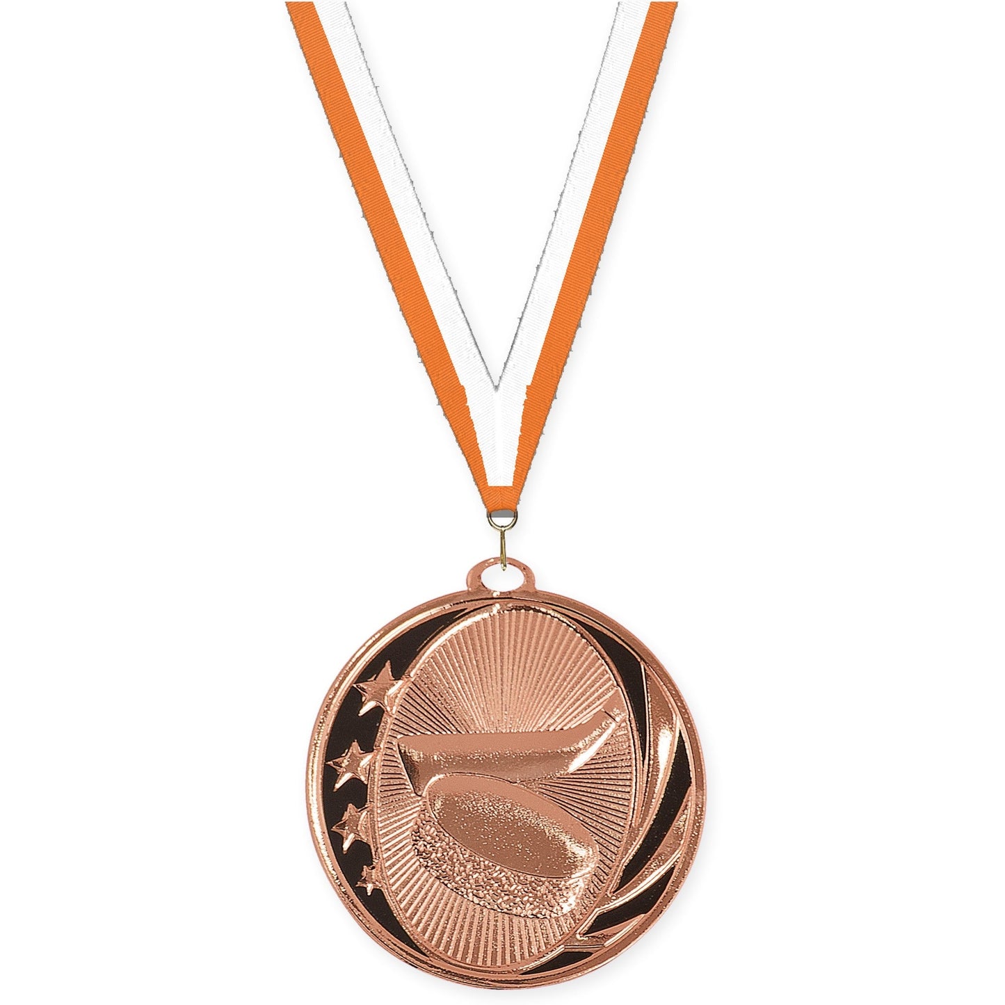 2 inch hockey MidNite Star medal in bright bronze with Orange White neck ribbon
