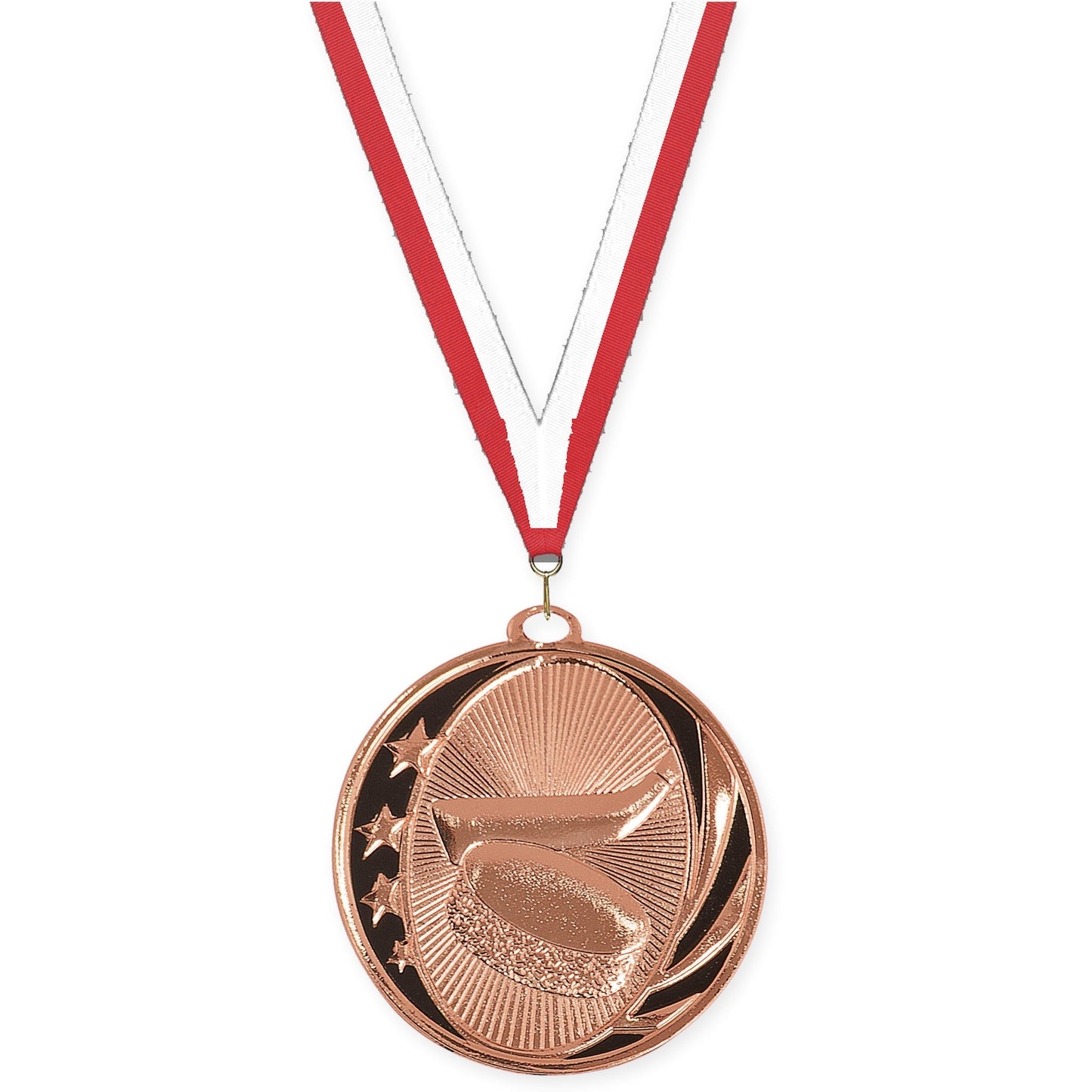 2 inch hockey MidNite Star medal in bright bronze with Red White neck ribbon