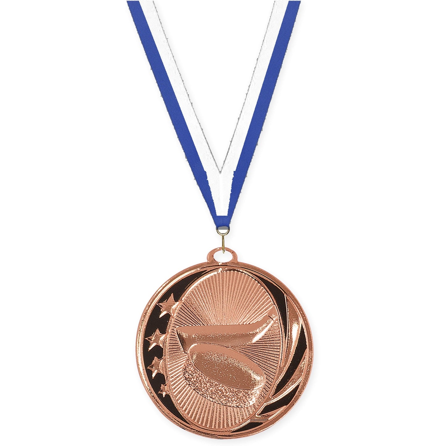 2 inch hockey MidNite Star medal in bright bronze with Blue White neck ribbon