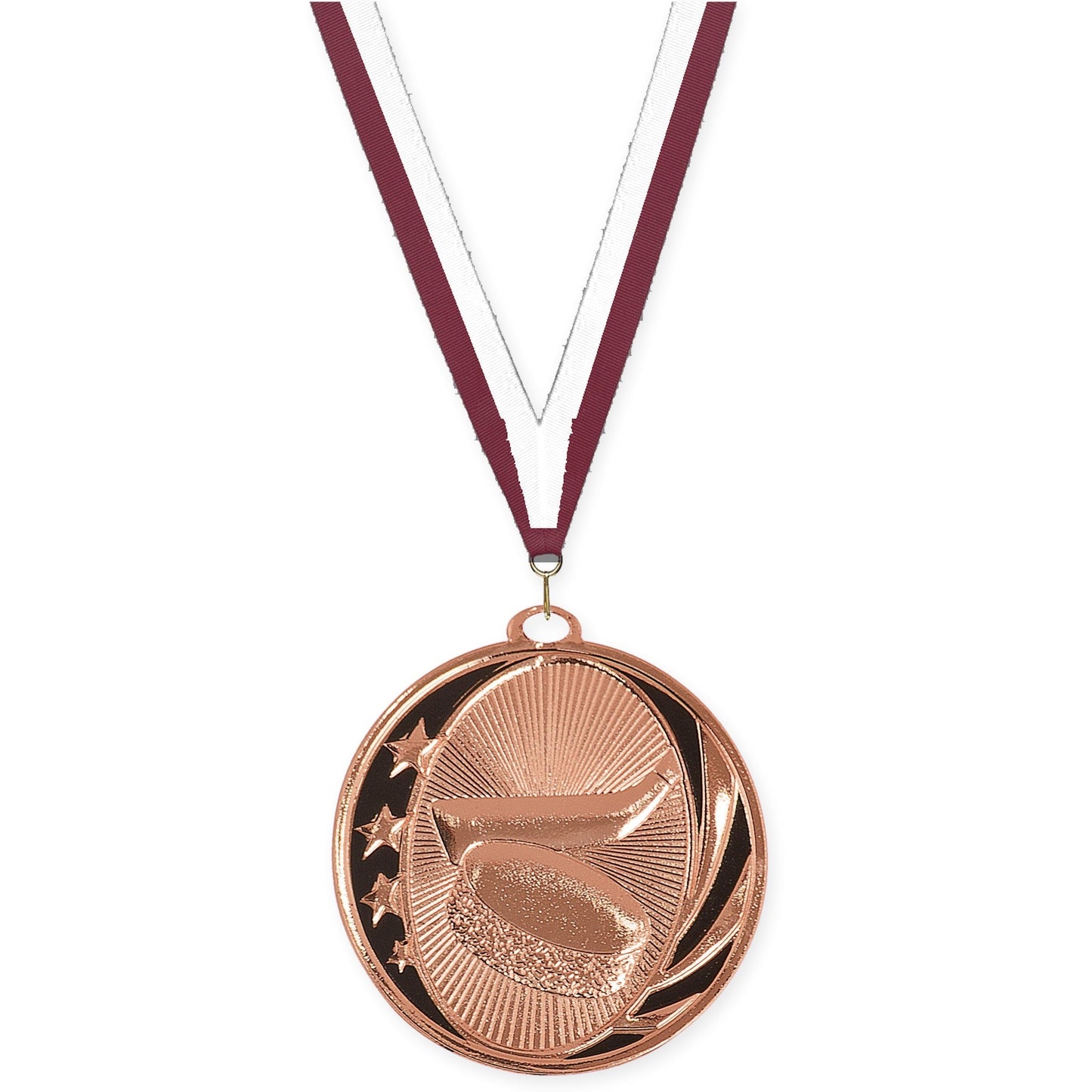 2 inch hockey MidNite Star medal in bright bronze with Maroon White neck ribbon