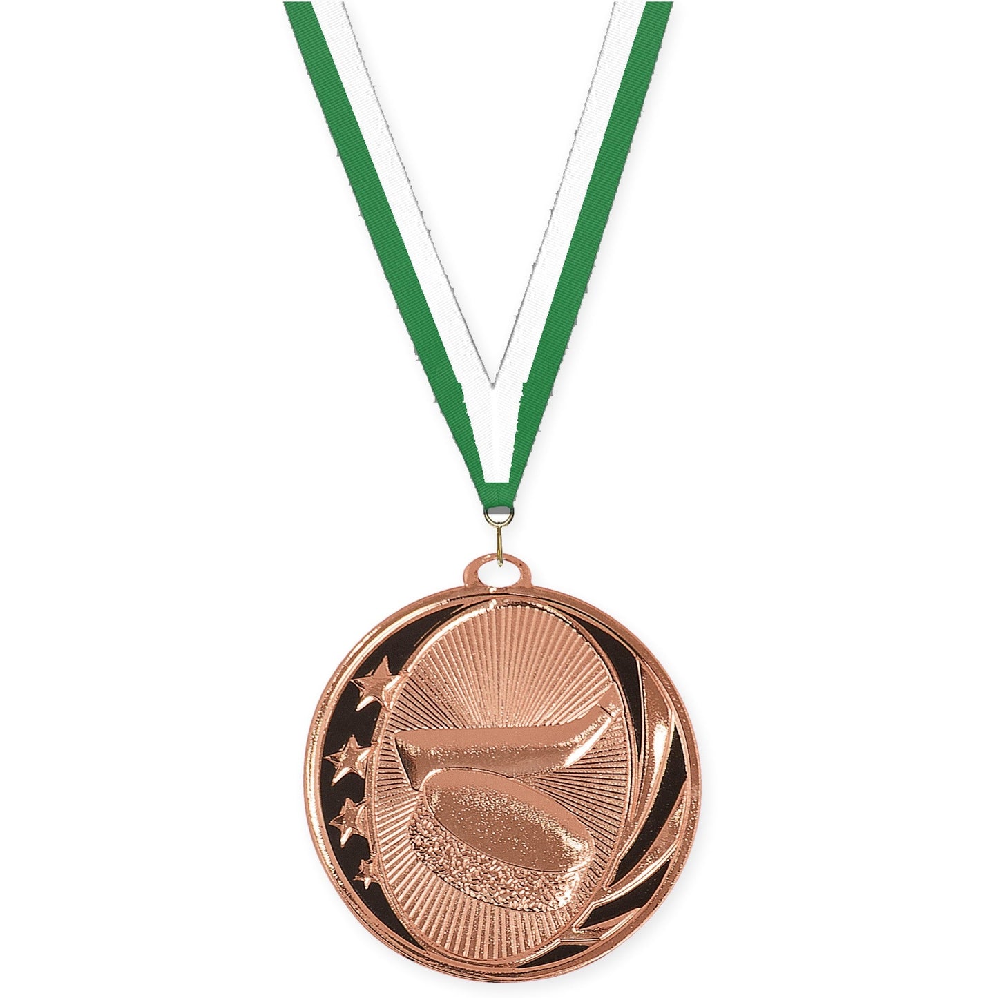 2 inch hockey MidNite Star medal in bright bronze with Green White neck ribbon