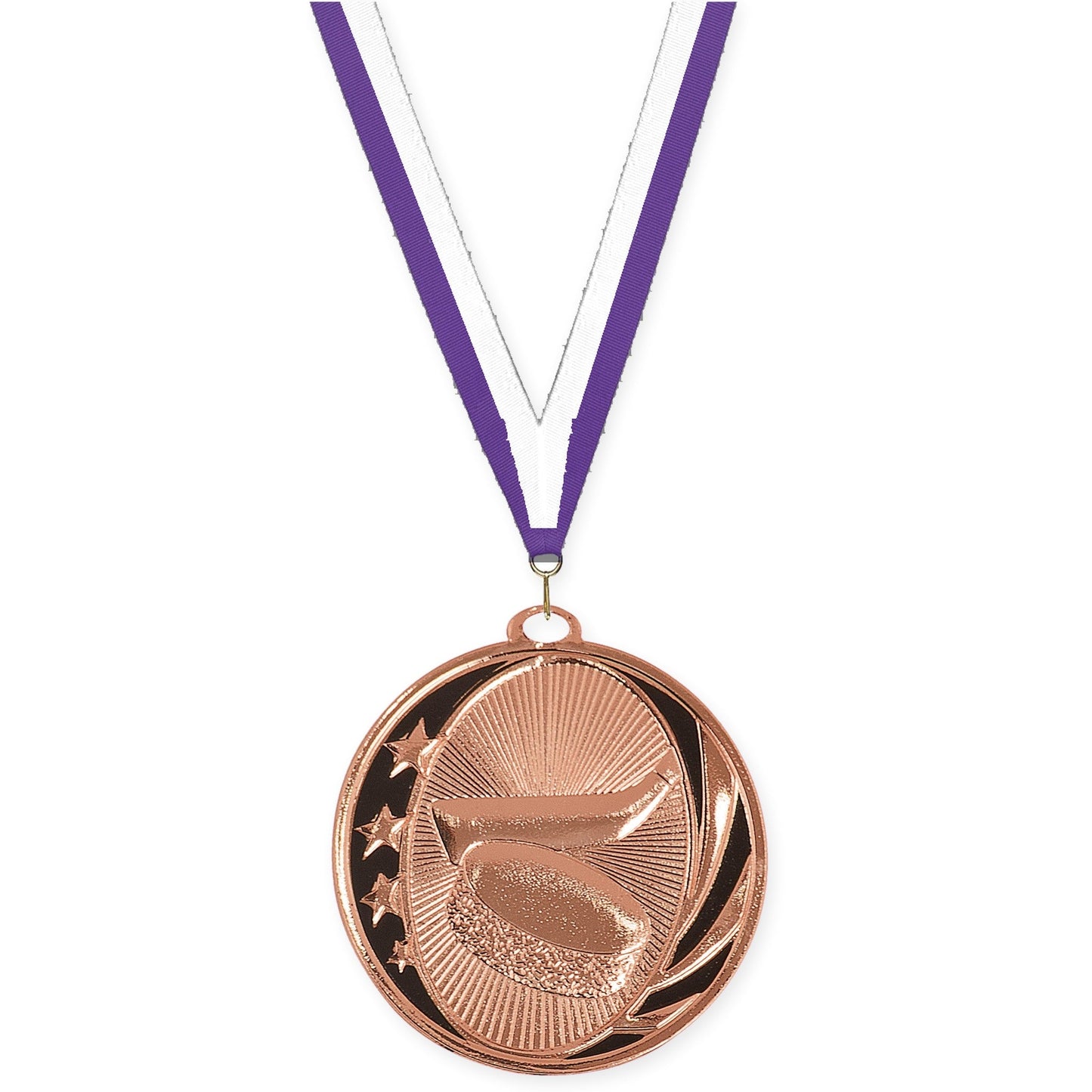 2 inch hockey MidNite Star medal in bright bronze with Purple White neck ribbon